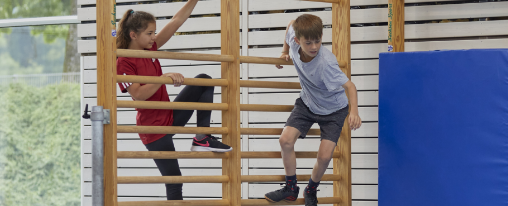 Kinder an einer Sprossenwand aus Holz in einer Turnhalle